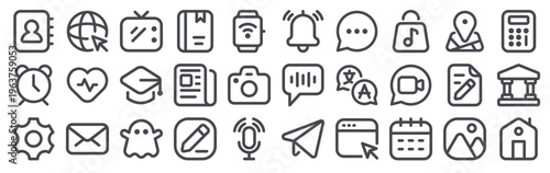 Set of 30 line homescreen thin stroke web icons including contact, mail, podcast, book, translate, calendar, camera, music, news, calculator in outline vector format