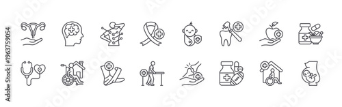set of 16 thin line health service icons including reproductive health, stethoscope, psychiatry, hospice, acupunture, wound care, oncology, physical therapy, pediatric. editable stroke vector