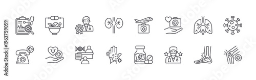 set of 16 thin line health service icons including diagis, emergency call, alternative medicine, occupational therapy, health professional, counseling, nephrology, allergy, travel.