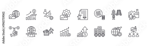 set of 16 thin line industrial revolution icons including industrialization, capital, economic prosperity, economic impact, mechanization, power loom, industrial revolution,