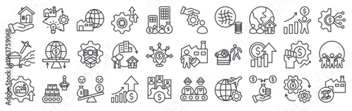 Set of 30 industrial revolution thin line icons including factory, technology, manufacturing, economy, urbanization, innovation, capitalism, labor, textile, transportation