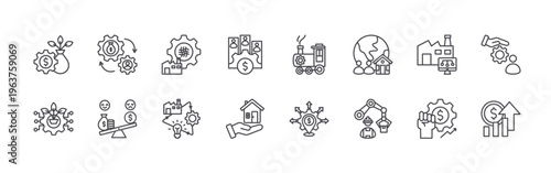 set of 16 thin line industrial revolution icons including economic investment, agriculture, economic system, inequality, fabrication, innovation, competition, cottage, steam engine. editable
