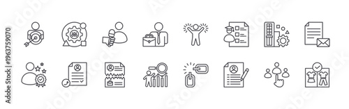 set of 16 thin line interview icons including goals, professionalism, adaptability, reference, interviewee, termination, employment, analytics, body language. editable stroke vector illustration