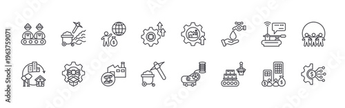 set of 16 thin line industrial revolution icons including assembly line, urbanization, mining, industrial technology, capitalist, industry, technology, coal mining, industry. editable stroke