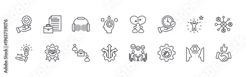 set of 16 thin line interview icons including benefit, problem solving, job description, agreement, listening, onboarding, experience, flexibility, communication. editable stroke vector