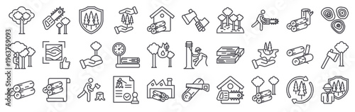 Set of 30 lumberjack and forestry thin line vector icons including tree, logging, chainsaw, axe, sawmill, wood, timber, conservation, and debarking hine