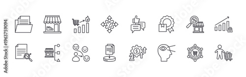 set of 16 thin line market research icons including repository, data interpretation, market, market segmentation, market trend, customer satisfaction, decision making, data collection,