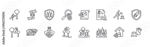 set of 16 thin line lumberjack icons including logging, forest fire, forest conservation, wood, preservation, loader, timber, forest, pulp. editable stroke vector illustration isolated on white