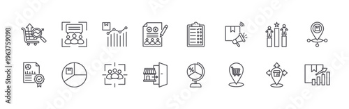 set of 16 thin line market research icons including market analysis, data quality, focus group, segmentation, product sales, focus group, customer survey, market entry strategy,