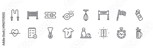 set of 16 thin line sports icons including skipping rope, heart beat, badminton, sport, sports and competition, medal, whistle, football, boxing bag. editable stroke vector illustration