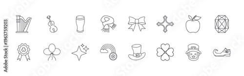 set of 16 thin line st patricks day icons including harp instrument, clovers, fiddle, balloons, pint glass, shine star, shawl, rainbow and clouds, green bow. editable stroke vector