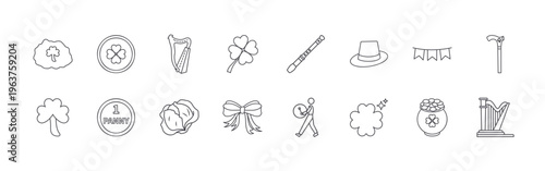 set of 16 thin line st patricks day icons including blarney castle, shamrock, gold coin, penny, harp, cabbage, clover, ribbon, flute. editable stroke vector illustration isolated on white