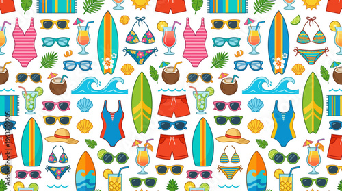 Vibrant Summer Beach Pattern with Surfboards, Swimwear and Sunglasses in Bright Colors.