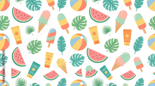 Bright Tropical Fruit Pattern with Watermelon, Pineapple, Citrus Slices and Leaves for Summer Design.