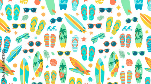 Bright tropical beach pattern featuring flipflops sunglasses feathers and vibrant colors.