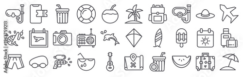 Set of 30 summer vacation line icons including beach, travel, suroard, scuba diving, cocktail, guitar, lifeguard, swimming, calendar, tropical activities in thin outline stroke style