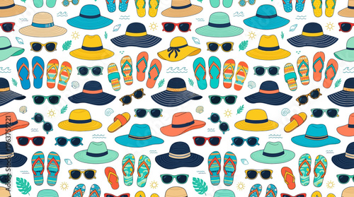 Seamless pattern of summer hats, sunglasses, sandals and flip flops on white background.