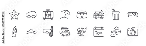 set of 16 thin line summer line icon icons including starfish, suroard, swimming goggle, cowboy hat, suitcase, scuba diving, umbrella beach, mobile home, short pants. editable stroke