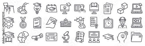 Set of 30 university thin line web icons including student card, microscope, schedule, grade, dean, psychology, diploma, book, classroom, lecturer, chemistry, exam and more