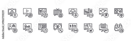 set of 16 thin line tv show icons including public speaking, news, movie reel, cooking show, quiz, forecast, old tv, magic show, talk show. editable stroke vector illustration isolated