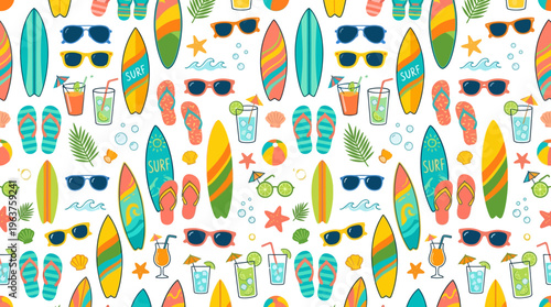 Vibrant tropical surfboard pattern with beachy motifs and bright, playful colors.