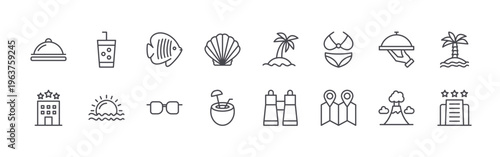 set of 16 thin line vacation icons including room service, hotel, soda, sunset, fish, sunglasses, shell, coconut cocktail drink, palm tree. editable stroke vector illustration isolated on