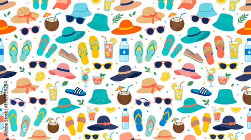 Vibrant summer vacation accessories pattern featuring hats, sunglasses, sandals, and beach gear in bright colors.