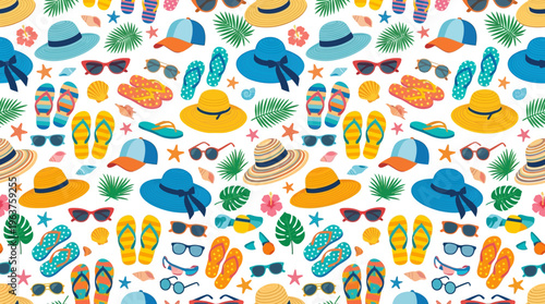 Colorful Summer Beach Pattern Featuring Hats, Shells, Turtles and Tropical Icons.