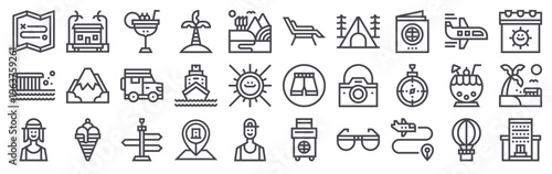 Set of 30 vacation thin line web icons including beach, travel, map, island, camera, resort, hotel, airplane, suitcase, passport. Vector outline stroke pack