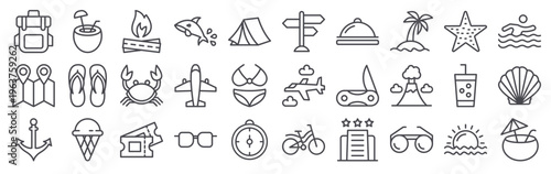 Set of 30 vacation thin line web icons including backpack, sunglasses, compass, shark, knife, soda, ice cream, travel and summer activities in editable stroke vector format