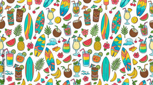 Colorful Tropical Pattern with Surfboards, Pineapples, Coconuts, and Drinks for Textiles and Graphics.