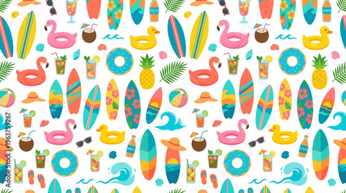 Vibrant tropical summer pattern featuring surfboards flamingos pineapples donuts and bright beach motifs.