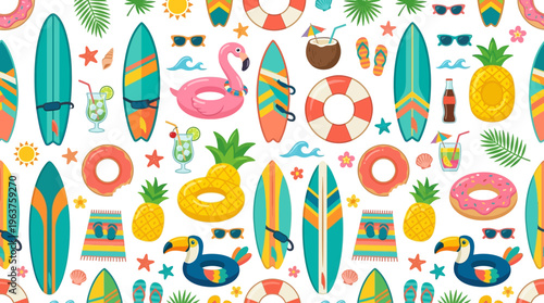 Colorful Surfboards and Tropical Beach Motifs Create a Playful Summer Scene.