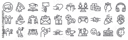 Set of 30 youth day thin line web icons including activism, friendship, celebration, education, diversity, equality, volunteering, creativity and social themes