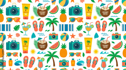 Vibrant tropical travel pattern featuring beach scenery, palm trees, and icons.