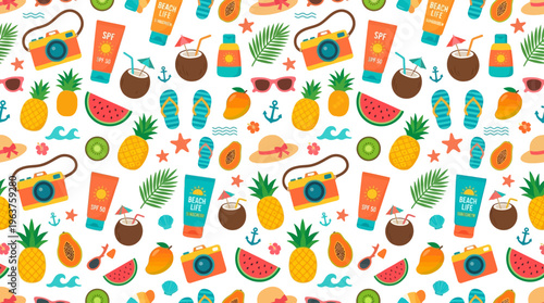 Bright and Playful Pattern Featuring Fresh Juices, Fruits, and Colorful Beverages.