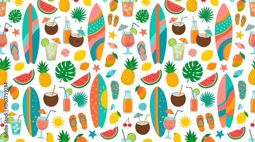 Vibrant tropical pattern featuring surfboards, fruits, and lush leaves for seamless background design.