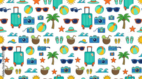 Vibrant seamless tropical pattern featuring beach, palm trees, sun, and vacation motifs for graphic design.