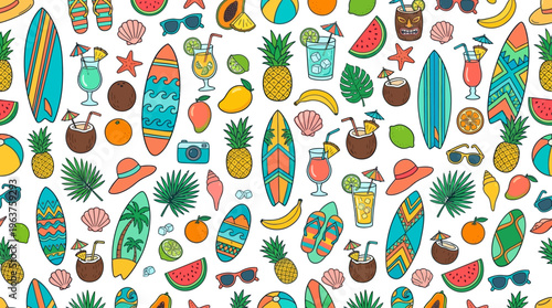Playful Tropical Pattern with Surfboards, Pineapples and Palm Leaves for Design and Textile Projects.