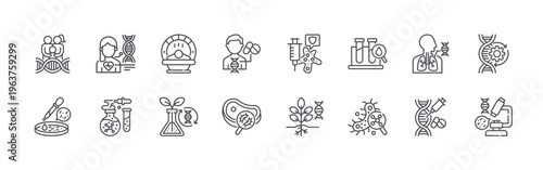 set of 16 thin line biology technology icons including genealogy, microbiology, genetical, biochemical analysis, mri, biological, treatment, pathogen testing, immunotherapy. editable stroke