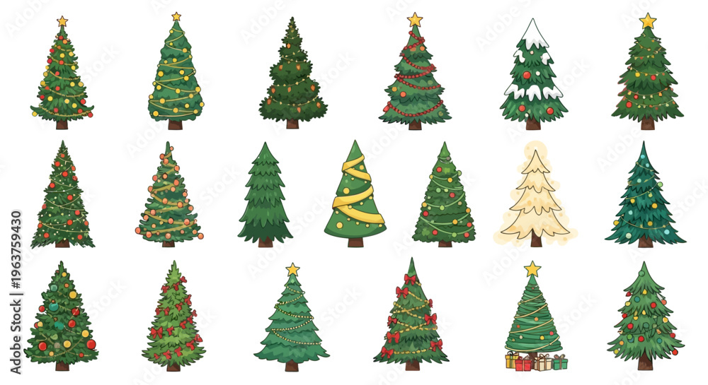 Obraz premium Different Christmas tree set. PNG Variety of illustrated evergreen trees, element set on transparent background