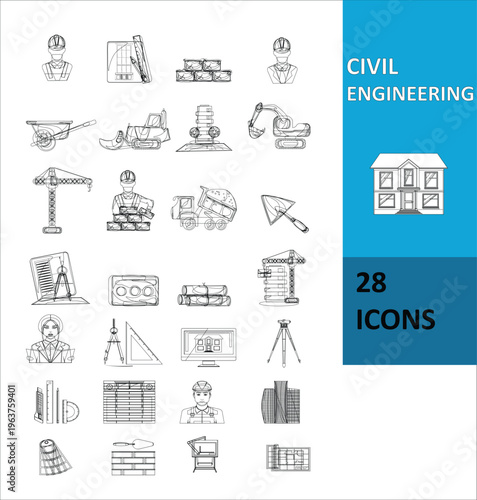 Civil engineering line icons set including construction tools, buildings, crane, bridge, architect, infrastructure, planning, engineering equipment and development symbols vector collection