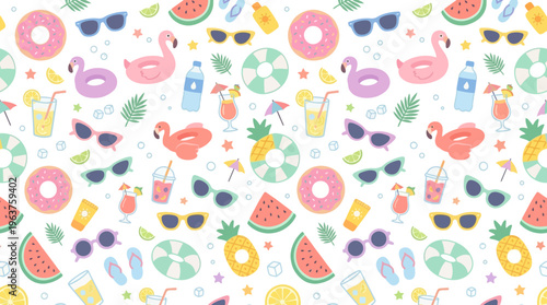 Colorful Fruit Pattern with Tropical Elements on White Background.