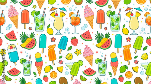 Colorful Fruit and Beverage Pattern with Ice Pops and Fresh Juices for Summer.