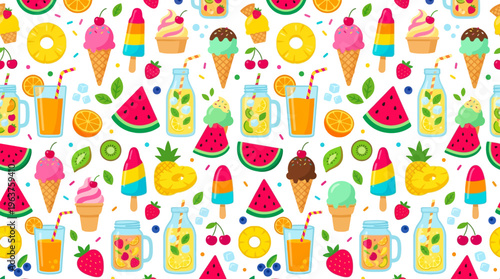 Vibrant Summer Pattern Featuring Colorful Drinks, Desserts, and Fresh Fruit Illustrations.
