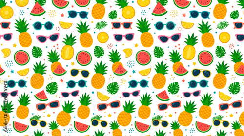 Colorful Tropical Fruit Pattern with Pineapples and Citrus Motif.
