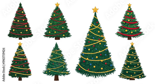 Different Christmas tree set. PNG Variety of illustrated evergreen trees, element set on transparent background