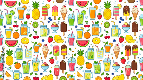 Colorful Pattern of Assorted Drinks and Smoothies in Playful Illustrations.