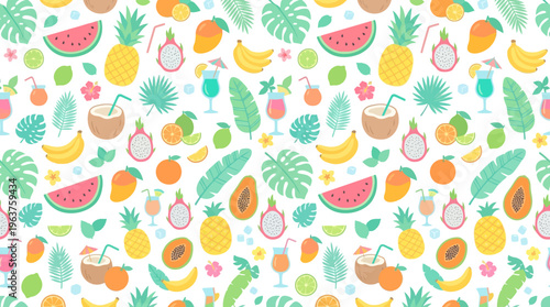Seamless pattern of colorful tropical fruits with leaves and citrus motifs.