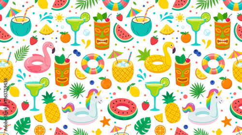 Vibrant Tropical Pattern with Flamingos, Pineapples, Fruits and Beachy Elements for Summer Design.